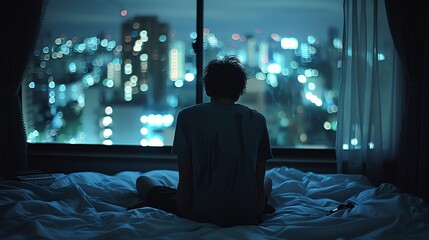 A solitary figure sits on a bed, gazing out at the city lights, enveloped in the stillness of the night, capturing a moment of solitude and urban reflection.