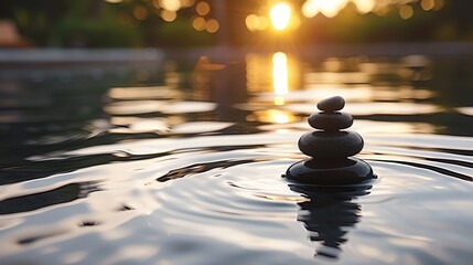 A tranquil scene of stacked stones in perfect balance on the water’s surface, basking in the golden hues of a setting sun. This image evokes peace and harmony, ideal for wellness and meditation themes