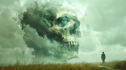 A solitary figure before a towering, ghostly skull formed from turbulent clouds, embodying themes of mortality and the human condition, set in a desolate landscape. - obrazy, fototapety, plakaty