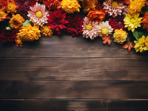 Space for text in the autumnal flower frame on wood