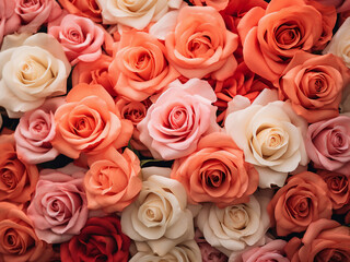 Fototapeta premium Roses in shades of pink and orange, inspired by the 2019 Color of the Year, Living Coral