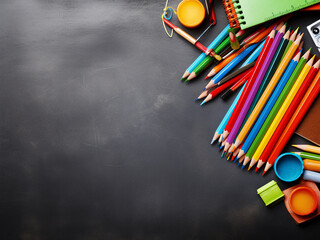 Toned photo presenting an array of colorful school supplies on gray stone table, with copy space