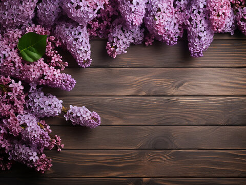 Wooden surface adorned with lilac flowers, perfect for wedding invitations or greeting cards