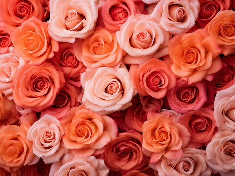 Pink and orange roses form a background inspired by the 2019 color of the year, living coral