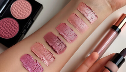 Vibrant swatches of pink, coral, and mauve makeup, accentuated by rose gold and mauve compacts, evoke warmth and luxury.generative ai - obrazy, fototapety, plakaty