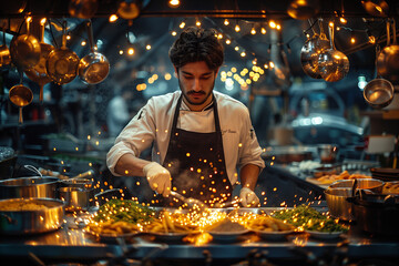 A professional kitchen adorned with strings of twinkling lights, where the air is filled with the tantalizing aroma of dishes prepared with passion and precision-2