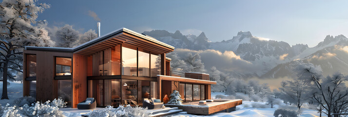 A luxury real residence estate concept in ice, A log cabin in the snow with the mountains.