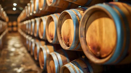  Wine barrels stacked in the cellar of winery. Selective focus. © Nutchanok