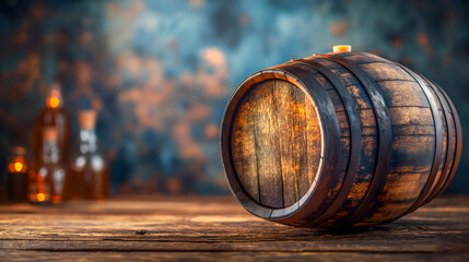 Wine barrel on a wooden table in front of a blurred background