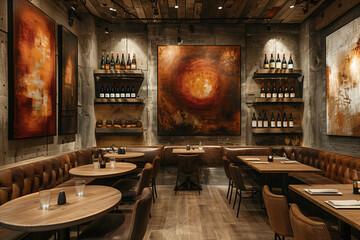 A striking feature wall adorned with abstract artwork and illuminated shelves displaying curated wine bottles, adding a touch of refinement to the modern restaurant decor-1 - obrazy, fototapety, plakaty