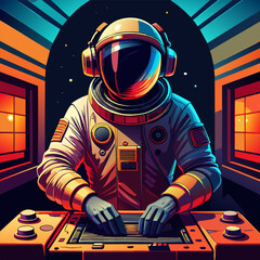 An illustration of an astronaut playing dj with a colorful background.  © TRTASFIQ