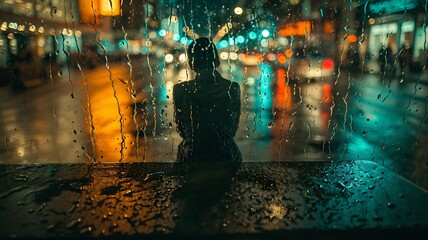 Rainy Reverie: A Person Sitting by a Rain-Soaked Window, Watching Nature's Dance with Contemplative Tranquility