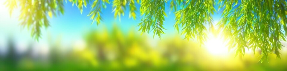 Obraz premium Abstract blurred illustration sun rays break through willow leaves. Background for design, place for text.