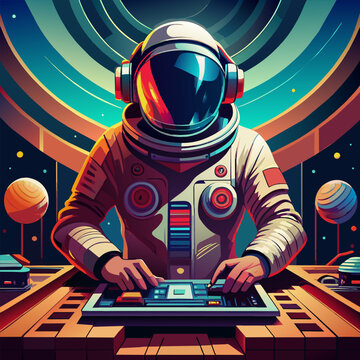 An illustration of an astronaut playing dj with a colorful background.
