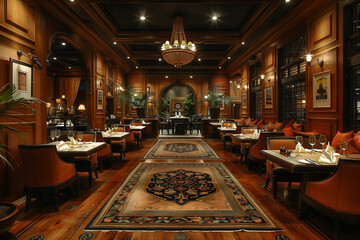A warmly lit restaurant interior adorned with polished wooden tables and plush chairs, inviting...