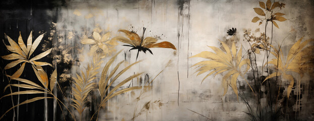 abstract textured drawing tropical palm leaves and flower in vintage shaded gold and black oil painting for wall