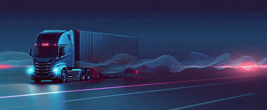 Futuristic autonomous truck on highway at night with digital wave graphics, illustrating smart transportation technology; Concept of future logistics, innovation, and automated travel.
