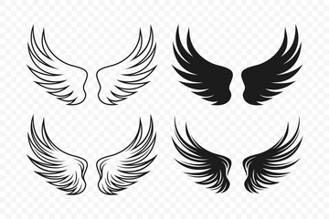 Vector Wings. Black Monochrome Angel Wings Silhouette. Design Template, Clipart. Cupid, Bird Wings. Vector Illustration