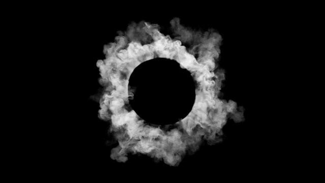 Сlouds of smoke from center black background. Realistic 3d render simulation. Magic energy burst animation. White gas motion texture.