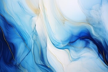 A swirl of blue and gold colors intermingle, creating a dreamlike alcohol ink texture