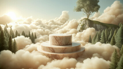 marble stone podium, elegantly perched atop a cloud mountain in a nature landscape background