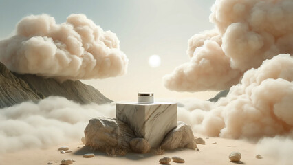 marble stone podium, elegantly perched atop a cloud mountain in a nature landscape background