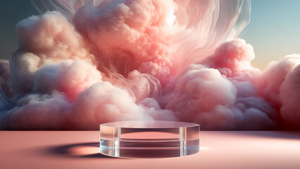 transparent podium, delicately decorated against a backdrop that mimics a pinky cloudy sky.