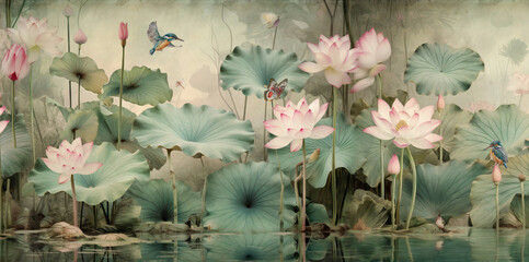 watercolor wallpaper pattern landscape of lotus flowers and leaves in water in an influential and harmonious style of colors-1 - obrazy, fototapety, plakaty