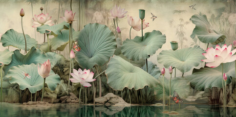 watercolor wallpaper pattern landscape of lotus flowers and leaves in water in an influential and harmonious style of colors-2