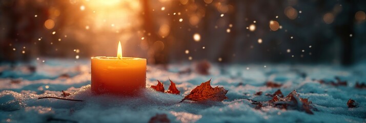 A candle is lit in the snow, creating a warm and cozy atmosphere,, copy space