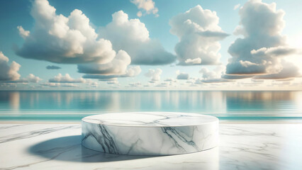 pristine white marble podium stands elegantly against a captivating ocean sky background