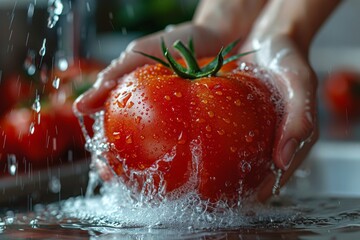 Female hands wash a tomato in the sink. - obrazy, fototapety, plakaty