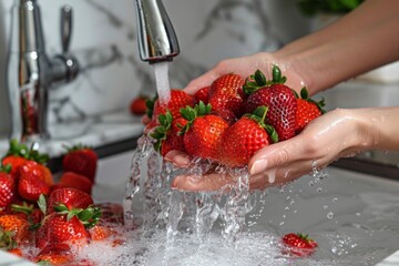 A person is washing a batch of strawberries under running water in a kitchen sink.