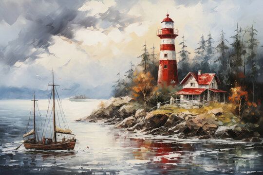 Oil painting, an island landscape with lighthouse, sea and boats, is used to decorate the wall