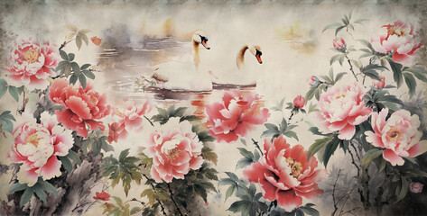 Watercolor painting pattern of flowers surrounding the lake with a pair of white geese in vintage style for wall painting - obrazy, fototapety, plakaty