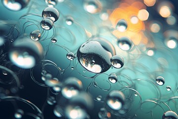 A close-up view showing a multitude of water bubbles resting on a glossy surface, illuminated by diffused lighting - obrazy, fototapety, plakaty