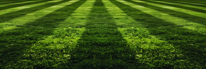 A green soccer field background . The stripes of grass form an interesting pattern, giving depth to the scene and creating a visually appealing design, Banner Image For Website, Background - obrazy, fototapety, plakaty