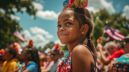 Smiling young girl enjoying 4th of July holiday, festive parade atmosphere, USA flag, vibrant summer day, patriotic concept, joyous event - obrazy, fototapety, plakaty