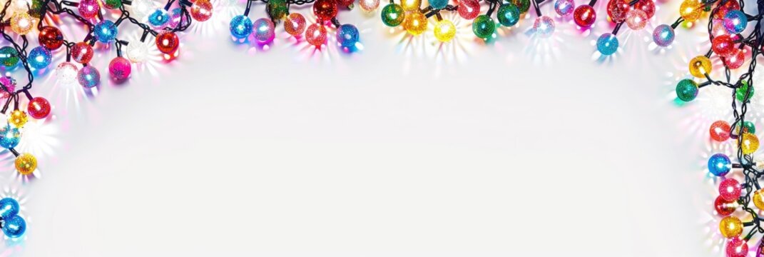 A frame of colorful christmas lights on white background . Bright white lighting, even glow, top view, center perspective, simple and clean, Banner Image For Website, Background