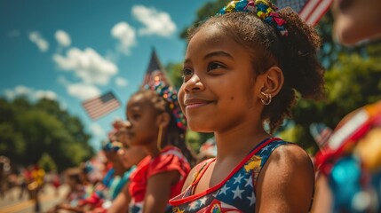 Smiling young girl enjoying 4th of July holiday, festive parade atmosphere, USA flag, vibrant summer day, patriotic concept, joyous event