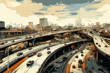 Foto op Plexiglas An overhead view of cars entering and exiting a freeway interchange © Vit