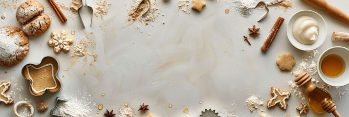 A light grey background with various baking tools and ingredients scattered around, including dough in bowls, rolling pins, Banner Image For Website, Background - obrazy, fototapety, plakaty