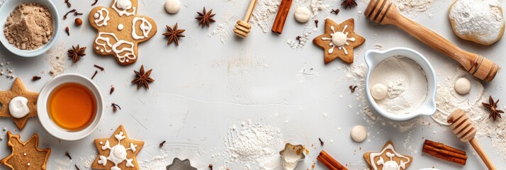 Fototapeta na wymiar A light grey background with various baking tools and ingredients scattered around, including dough in bowls, rolling pins, cookie cutters, cinnamon sticks, flour, sugar, honey, Banner Image