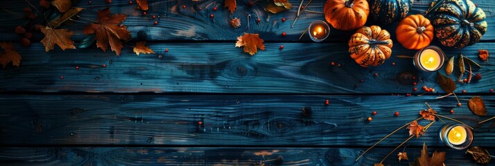 A rustic wooden background with autumn leaves, pumpkins and candles, creating an atmosphere of fall season celebration on a dark wood table top view - obrazy, fototapety, plakaty