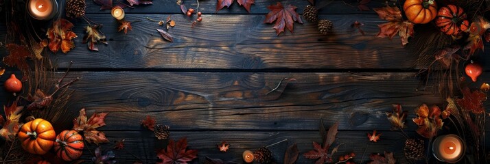 A rustic wooden background with autumn leaves, pumpkins and candles, creating an atmosphere of fall season celebration on a dark wood table top view, Banner Image For Website, Background