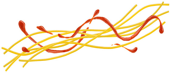 Spaghetti with tomato sauce, falling pasta ingredients isolated on white background