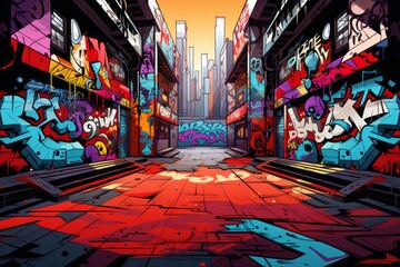 Fototapeta na wymiar Graffiti-covered alley transformed into a dance floor for a freestyle street dance competition