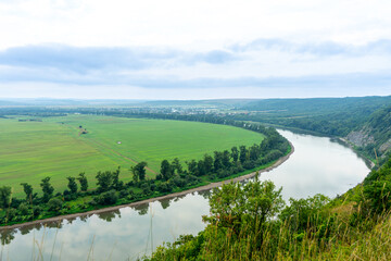 Panorama of the Dniester River. Landscape with canyon, forest and a river in front. Dniester River....
