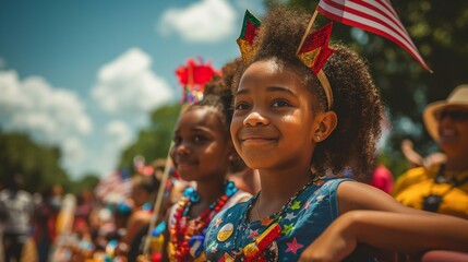 Happy child at 4th of July parade, patriotic joy, American flag in background, holiday spirit, festive crowd, sunny celebration, national pride - obrazy, fototapety, plakaty