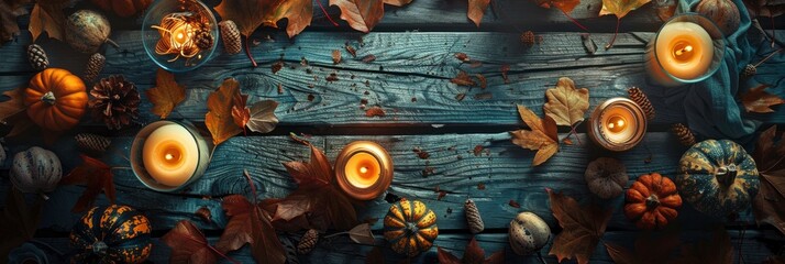Autumn background with candles, pumpkins and autumn leaves on a wooden table. A flat lay style of fall season decoration concept, Banner Image For Website, Background - obrazy, fototapety, plakaty